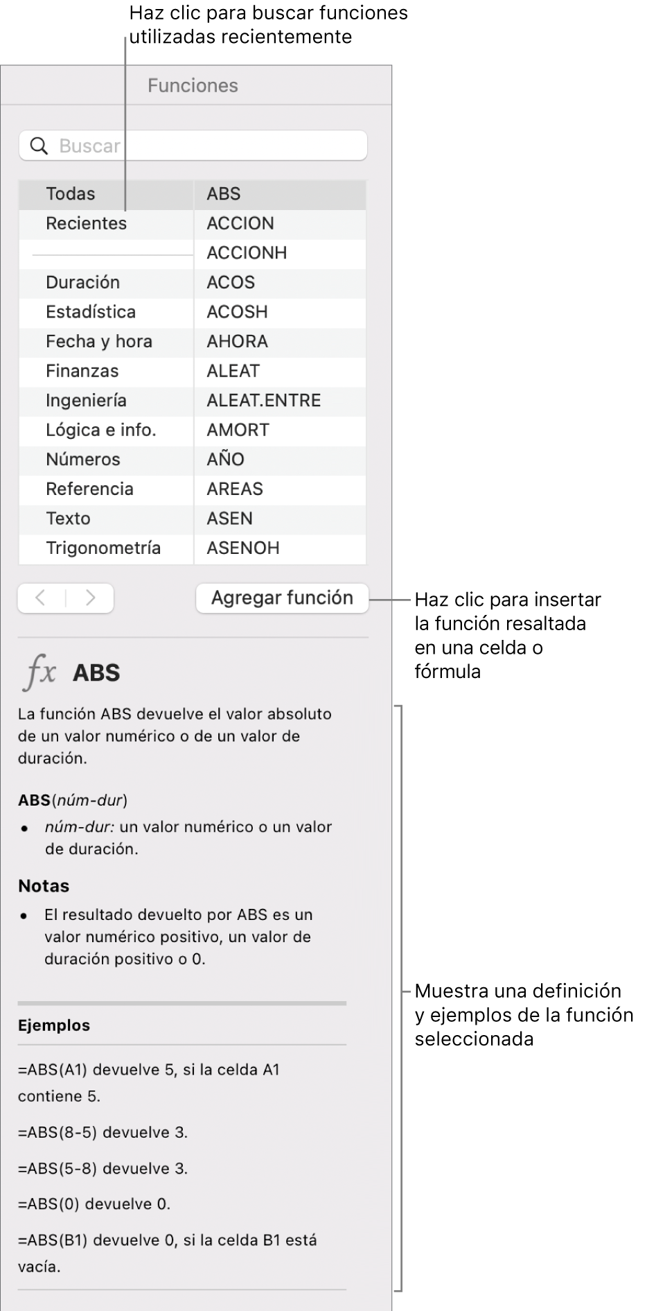 El explorador de funciones con globos en las funciones utilizadas recientemente, el botón Insertar función y la definición de la función.