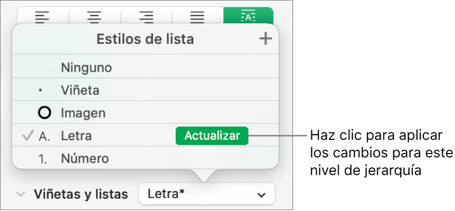 El menú desplegable Estilos de lista con el botón Actualizar junto al nombre del nuevo estilo.