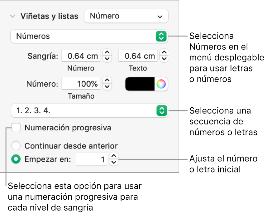 Controles para cambiar el estilo de numeración y el espaciado de una lista.