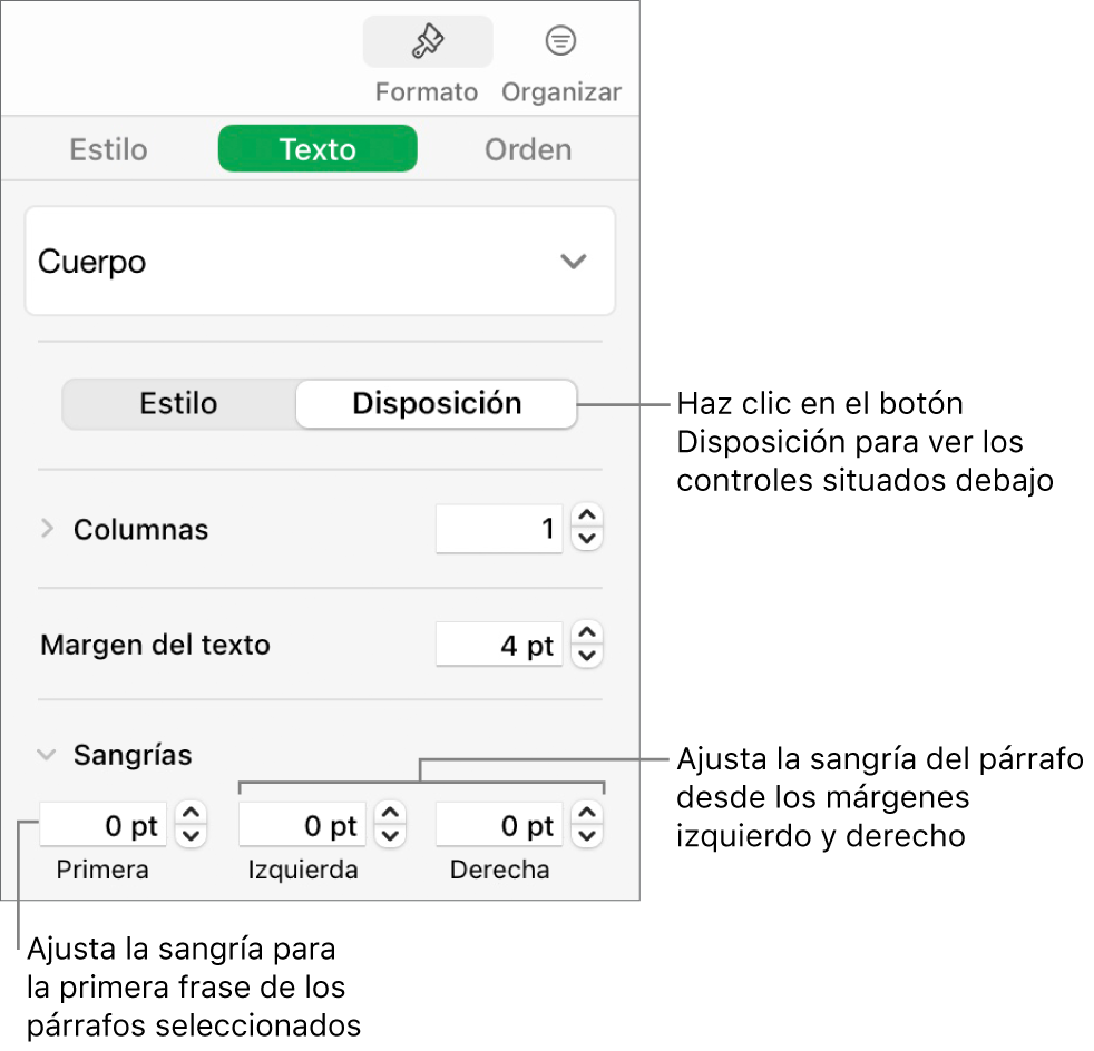 La sección Disposición de la barra lateral Formato con controles para ajustar la sangría de la primera línea y los márgenes de párrafo.