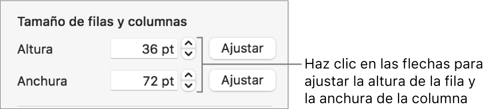 Los controles para ajustar un tamaño de fila o columna preciso.
