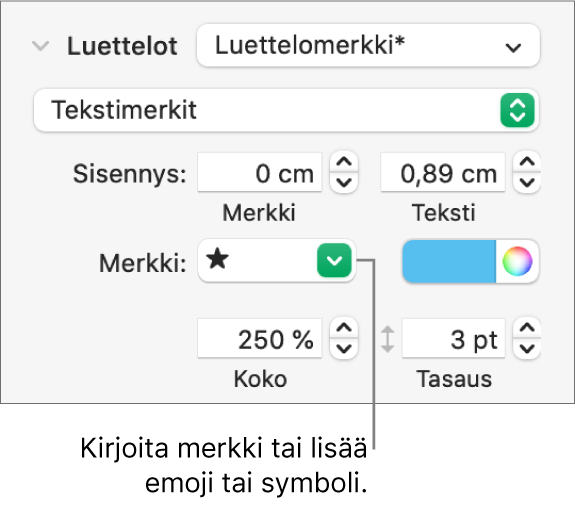 Muoto-sivupalkin Luettelot-osio. Luettelomerkki-kenttä, jossa näkyy tähtiemoji.