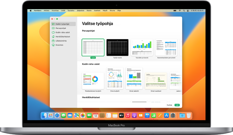 MacBook Pro, jonka näytöllä on avoinna Numbersin työpohjan valitsin. Kaikki työpohjat -kategoria on valittuna vasemmalla, ja oikealla näkyy esimääritettyjä työpohjia riveissä kategorian mukaan.