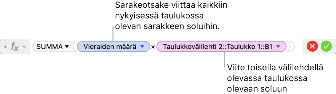 Kaavan muokkaaja, jossa näkyy kaava, joka viittaa yhden taulukon sarakkeeseen ja toisen taulukon soluun.