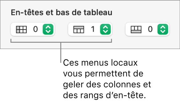 Menus locaux permettant d’ajouter des colonnes et rangs d’en-tête et de bas de tableau, et de bloquer les rangs et colonnes d’en-tête.