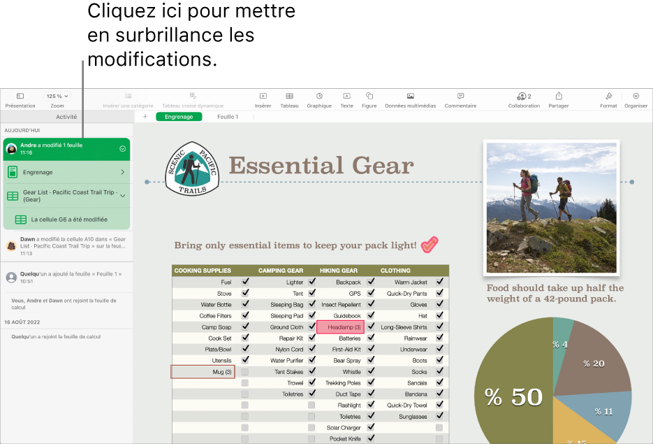 Une feuille de calcul collaborative avec le menu de collaboration et la liste d’activités tous les deux ouverts.