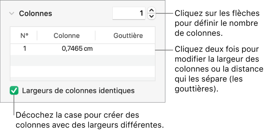 Commandes de la section Colonnes permettant de modifier le nombre de colonnes et leurs largeurs.