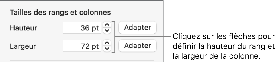 Commandes permettant de définir une taille précise de rang ou de colonne.