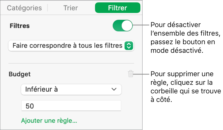 Commandes de suppression d’un filtre ou de désactivation de tous les filtres.