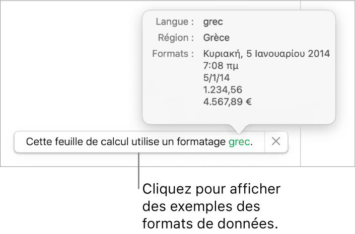 La notification du réglage de langue et de région différents, qui affiche des exemples de la mise en forme correspondant à cette langue et à cette région.