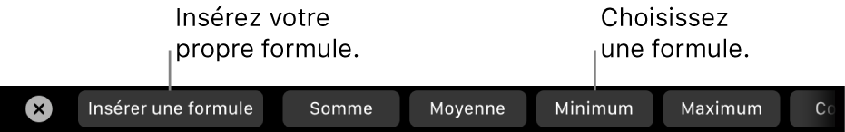 La Touch Bar du MacBook Pro avec les commandes pour insérer votre propre formule et choisi parmi des formules régulièrement utilisées.