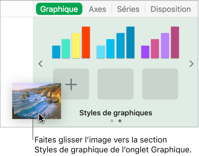 Opération consistant à faire glisser une image vers la section Styles de graphiques de la barre latérale en vue de créer un nouveau style.