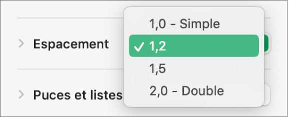 Le menu local Espacement, avec les options Simple, Double et d’autres.