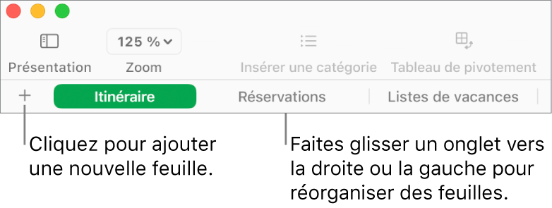 Barre des onglets pour ajouter une feuille et réorganiser les feuilles.