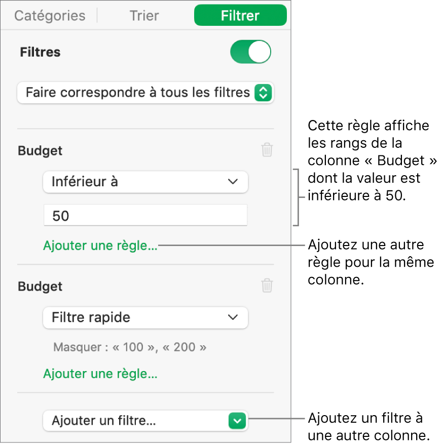 Commandes de création de règles de filtrage.