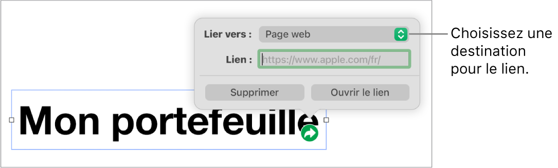 Les commandes de l’éditeur de liens avec une page web sélectionnée et les boutons Supprimer et Ouvrir le lien en bas.