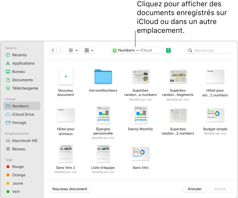 La zone de Dialogue Ouvrir avec la barre latérale ouverte sur la gauche et iCloud Drive sélectionné dans le menu local en haut. Des dossiers pour Keynote, Numbers et Pages apparaissent dans la zone de dialogue, ainsi que le bouton Nouveau document.