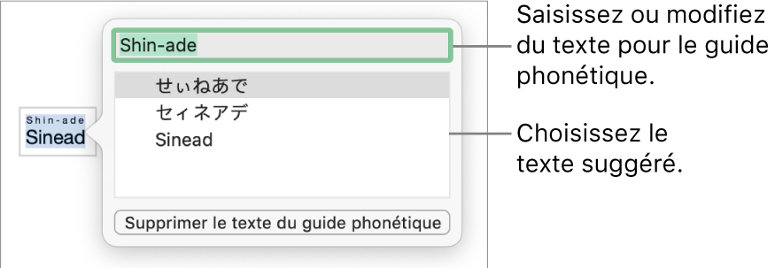 Le guide phonétique ouvert pour un mot, accompagné de légendes traitant du champ de texte et du texte suggéré.