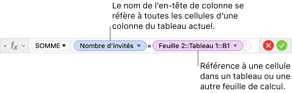 L’éditeur de formules présentant une formule faisant référence à une colonne d’un tableau et à une cellule d’un autre tableau.