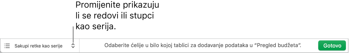 Skočni izbornik za odabir hoće li se redci ili stupci sakupljati kao serije.