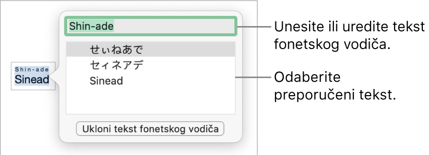 Fonetski vodič otvoren za riječ, s balončićima za polje teksta i predloženi tekst.