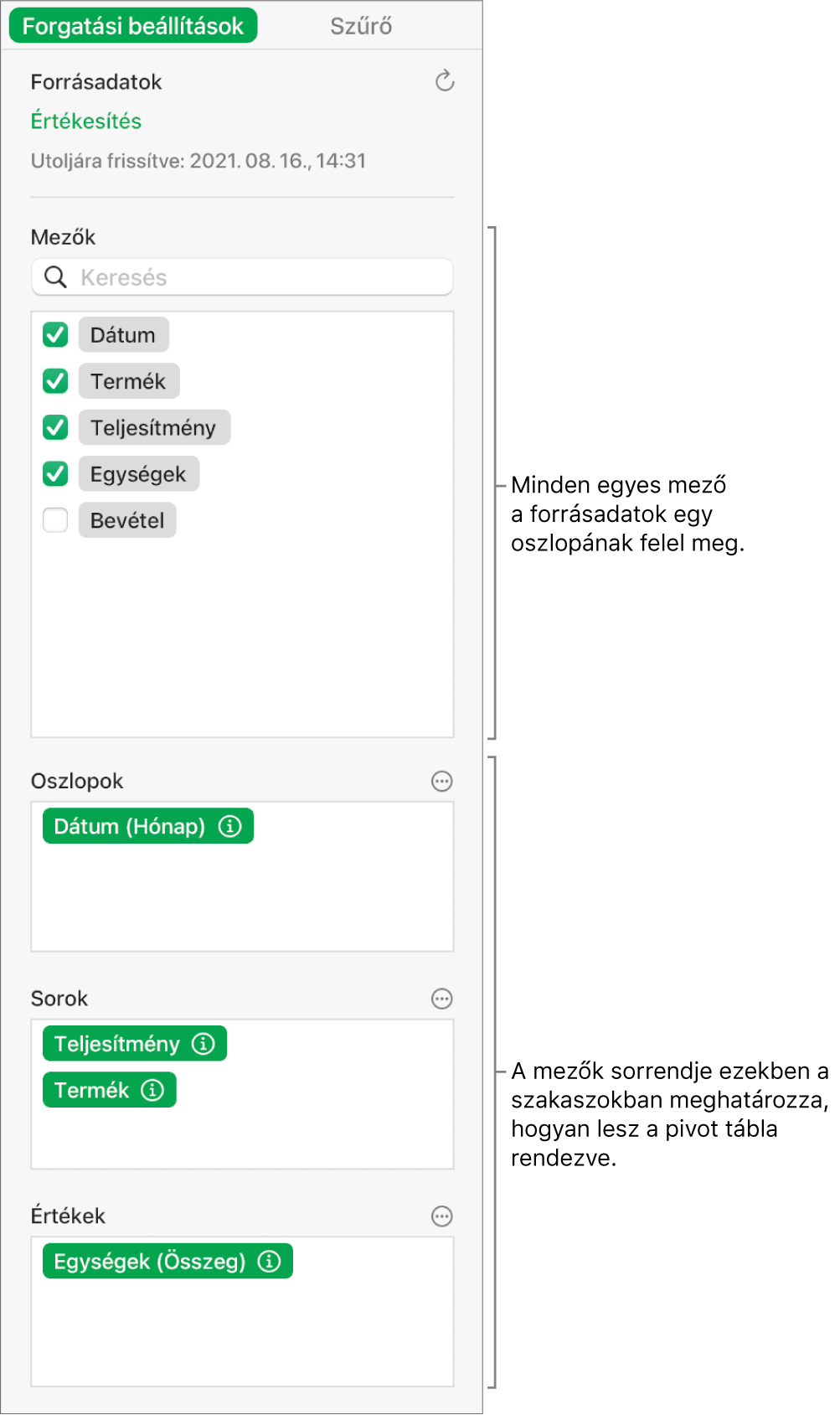 A Kimutatás beállítások menü mezőket jelenít meg az Oszlopok, Sorok és Értékek szakaszokban, illetve a mezők szerkesztésére és kimutatás frissítésére szolgáló vezérlőket.