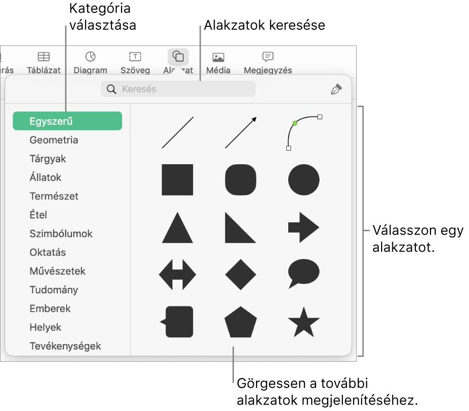 Az alakzatok könyvtára, amelynek bal oldalán a kategóriák láthatók, jobb oldalán pedig az alakzatok. A képernyő tetején lévő keresés mezőben alakzatokat kereshet, görgetéssel pedig további alakzatokat tekinthet meg.