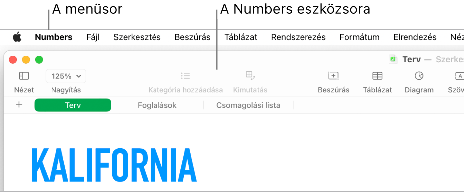 A menüsor a képernyő tetején az Apple, Numbers, Fájl, Szerkesztés, Beszúrás, Táblázat, Formátum, Elrendezés, Nézet, Ablak és Súgó menükkel. A menüsor alatt egy megnyitott Numbers-munkafüzet látható felette az eszközsor következő gombjaival: Nézet, Nagyítás, Kategória hozzáadása, Kimutatás, Beszúrás, Táblázat, Diagram és Szöveg.