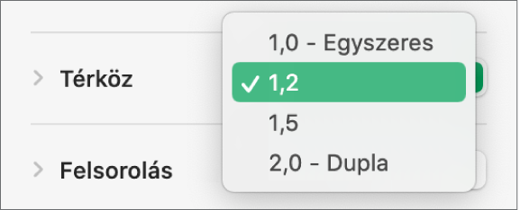 A Térköz előugró menü a Szimpla, Dupla és más beállításokkal.