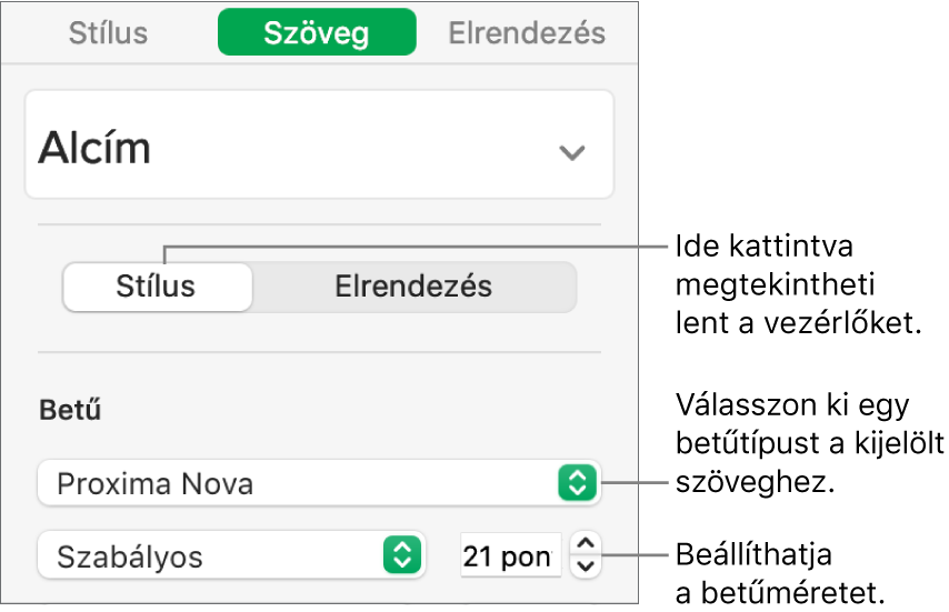 A betűtípus és betűméret beállítására szolgáló szövegvezérlők a Formátum oldalsáv Stílus szakaszában.