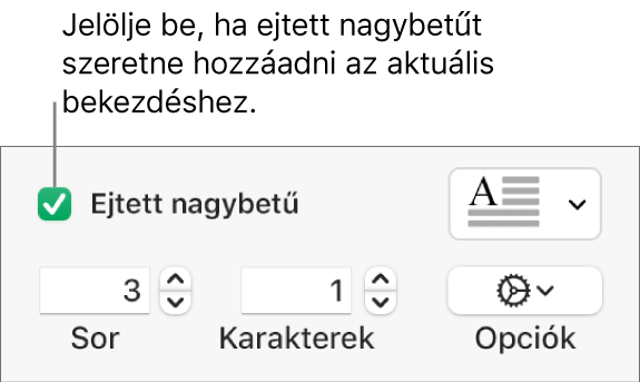 Az Ejtett nagybetű jelölőnégyzet be van jelölve, a négyzet jobb oldalán egy előugró menü látható, a menü alatt pedig a sorok magasságának, a karakterek számának és az egyéb lehetőségeknek beállítására szolgáló vezérlők jelennek meg.