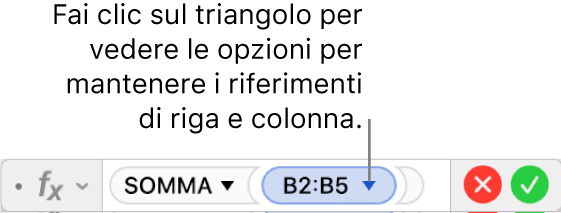 “Editor formule” che mostra come mantenere la riga e la colonna di un riferimento di intervallo.