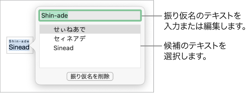 単語に開いた振り仮名。テキストフィールドおよび候補テキストのコールアウトが表示された状態。