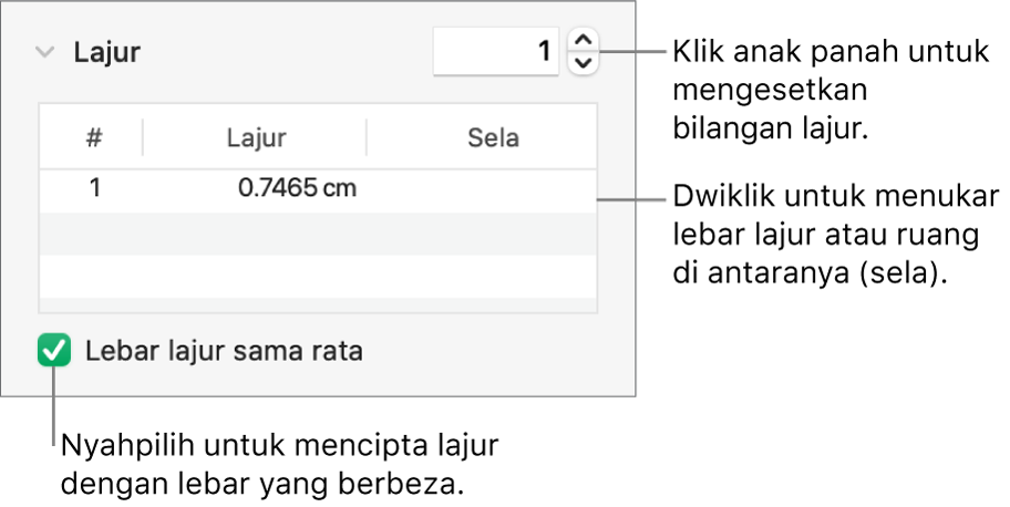 Kawalan dalam bahagian lajur untuk menukar bilangan lajur dan lebar setiap lajur.