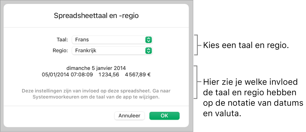 Paneel met regelaars voor de taal en regio en een voorbeeld van de notatie van datum, tijd, decimaalteken en valuta.