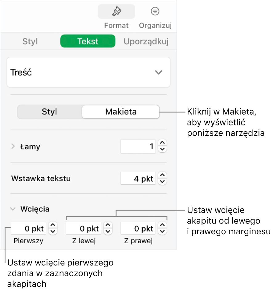 Sekcja Makieta na pasku bocznym Format, zawierająca narzędzia ustawiania wcięcia pierwszego wiersza oraz marginesów akapitu.