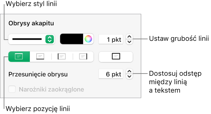 Narzędzia zmieniania stylu, grubości, pozycji i koloru linii.