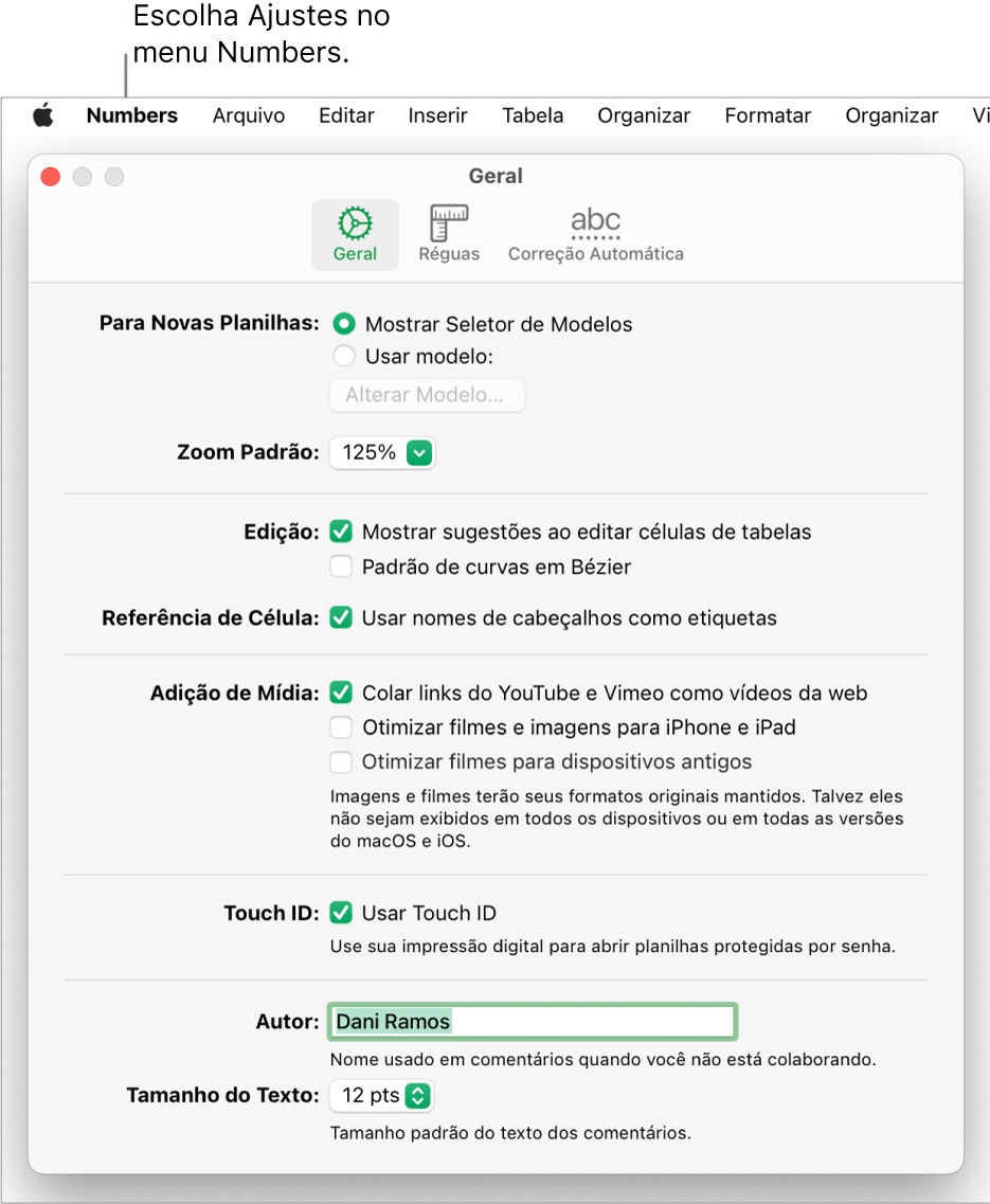 Janela de ajustes do Numbers aberta no painel Geral, com ajustes para novas planilhas, zoom padrão, edição, referências de célula, equações, adição de mídia, Touch ID, nome do autor e tamanho de texto padrão.