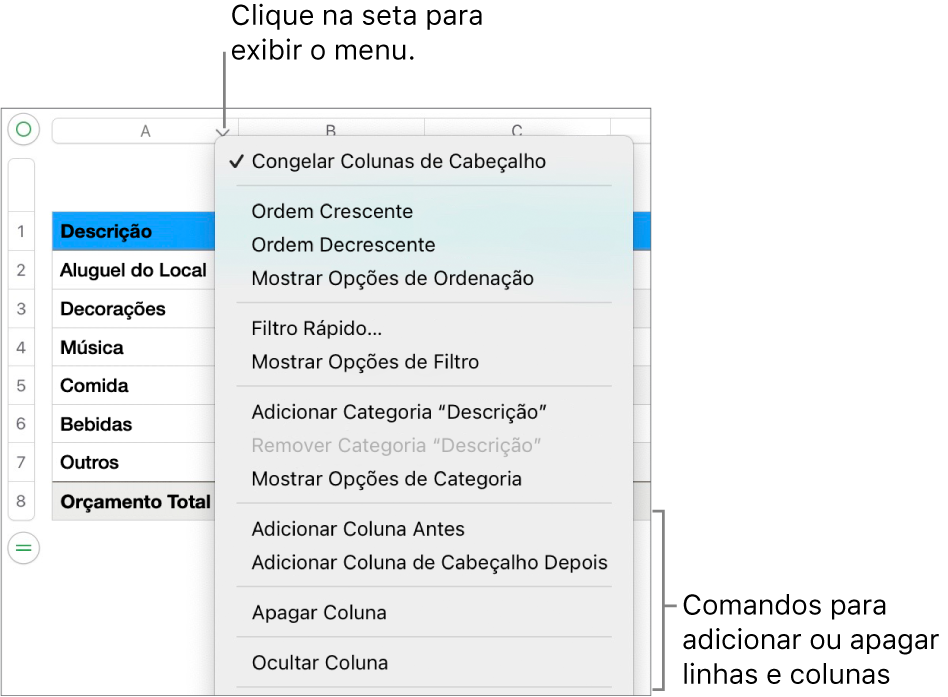 Menu da coluna de uma tabela com comandos para adicionar ou apagar linhas e colunas.