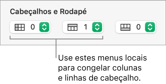 Menus locais para adição de colunas e linhas de cabeçalho e rodapé a uma tabela e para congelamento de linhas e colunas de cabeçalho.