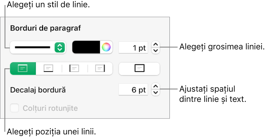 Comenzile pentru schimbarea stilului, grosimii, poziției și culorii liniei.