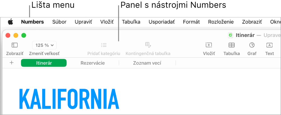 Lišta v hornej časti obrazovky s menu Apple, Numbers, Súbor, Upraviť, Vložiť, Tabuľka, Organizovať, Formát, Usporiadať, Zobraziť, Okno a Pomocník. Pod lištou je otvorená tabuľka Numbers s tlačidlami panela s nástrojmi v hornej časti pre funkcie Zobraziť, Zmeniť veľkosť, Pridať kategóriu, Kontingenčná tabuľka, Vložiť, Tabuľka, Graf a Text.