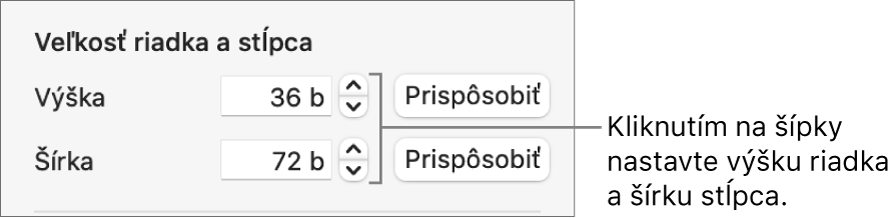 Ovládacie prvky na nastavenie presnej veľkosti riadka alebo stĺpca.
