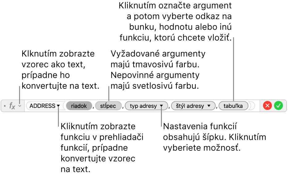 Editor vzorcov so zobrazenou funkciou ADDRESS a tokenmi tohto argumentu.