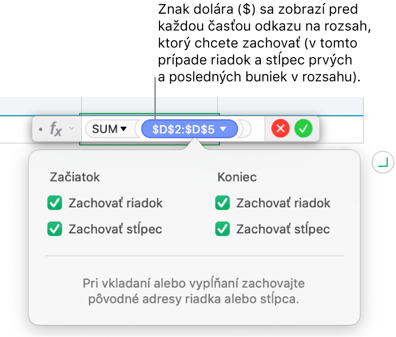 Vzorec zobrazujúci zachované odkazy na riadok a stĺpec.