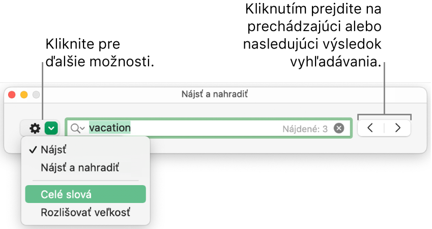 Okno Nájsť a nahradiť s vyskakovacím menu zobrazujúcim možností Hľadať, Hľadať a nahradiť, Celé slová a Rozlišovať veľkosť. Šípky napravo umožňujú preskočiť na predchádzajúce alebo ďalšie výsledky vyhľadávania.