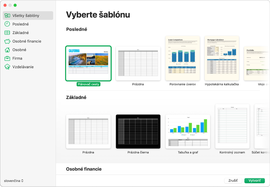 Výber šablón. Na postrannom paneli na ľavej strane sa zobrazuje zoznam kategórií, na ktoré môžete kliknúť, a tým filtrovať možnosti. Napravo sú miniatúry preddefinovaných šablón zoradených podľa kategórií do riadkov. Zoznam začína v hornej časti kategóriou Posledné a nasledujú Základné a Osobné financie. V ľavom dolnom rohu je vyskakovacie menu Jazyk a región a v pravom hornom rohu sa nachádzajú tlačidlá Zrušiť a Vytvoriť.