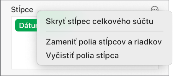 Menu Ďalšie možnosti poľa zobrazujúce ovládacie prvky na skrytie celkových súčtov, zámenu stĺpcových a riadkových polí a vymazanie polí.