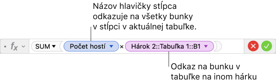 Editor vzorcov so zobrazeným vzorcom odkazujúcim na stĺpec v jednej tabuľke a bunku v druhej tabuľke.