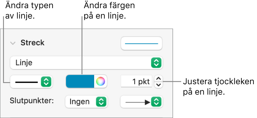 Streckreglagen för att ställa in slutpunkter, linjetjocklek och färg.